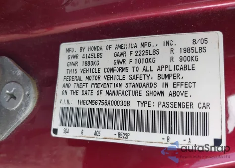 2006 Honda Accord 2.4 Ex z USA, uszkodzony, nr VIN 1HGCM56756A000308